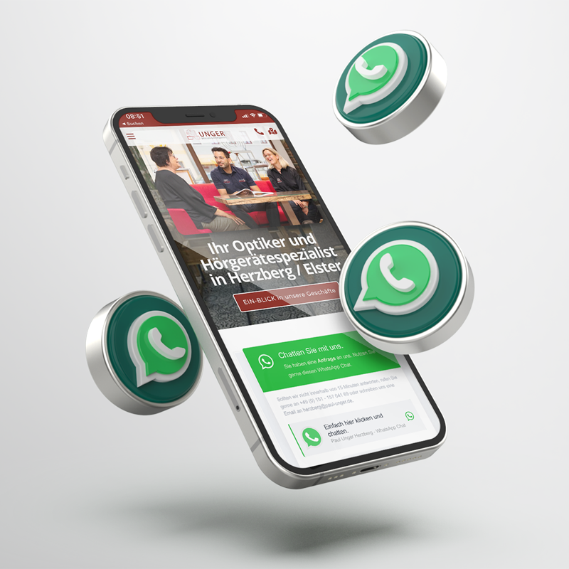 iPhone mit der Webseite von Unger Herzberg und WhatsApp Buttons - AGENTUR FRITZ'N - POTSDAM